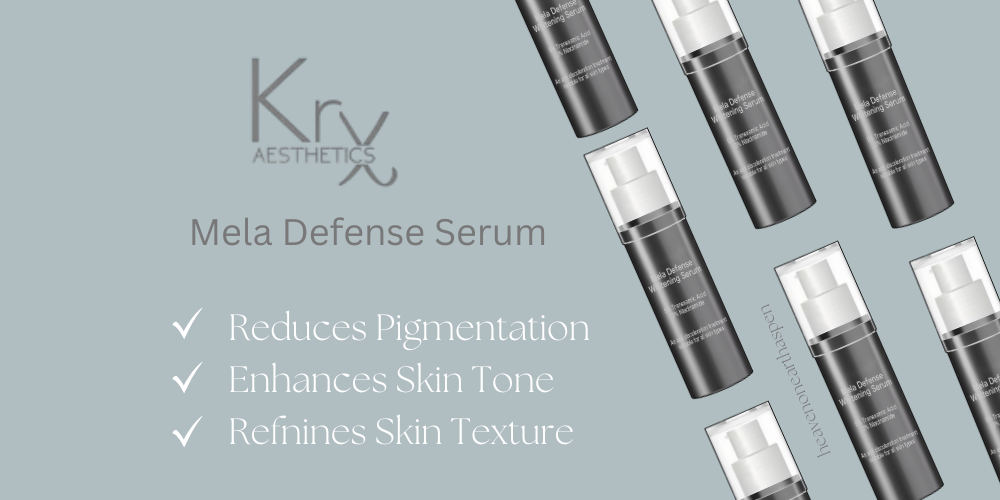 grey banner with bottles of the krx mela defense whitening serum staggered with the copy: reduces pigmentation, enhances skin tone and refines skin texture from heaven on earth aspen