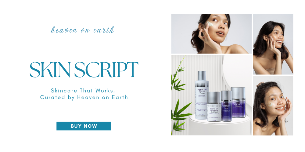 skin script skin care and woman in different positions holding her face and with skincare on from heaven on earth