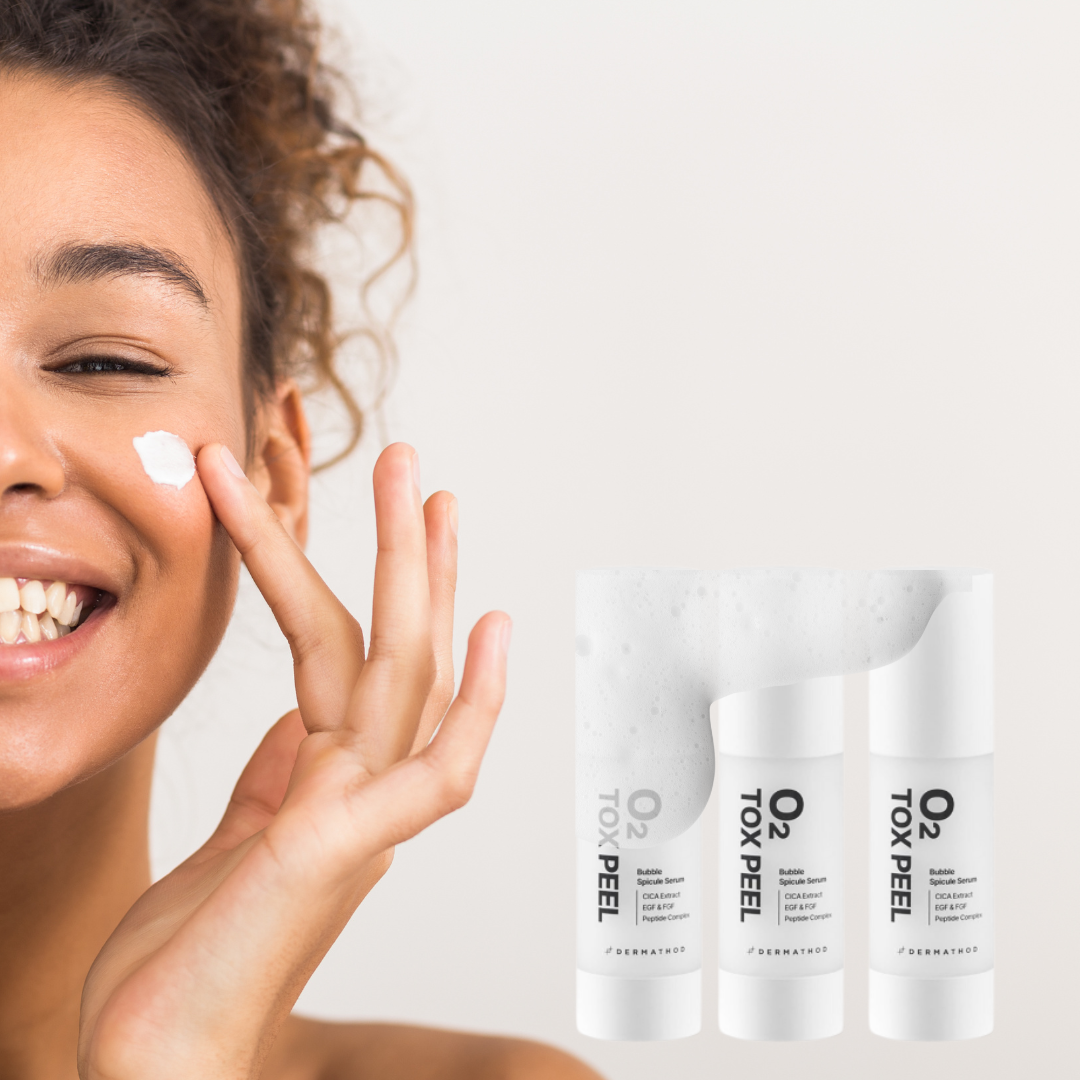 beautiful woman with the o2 tox peel on her skin and three bottles of the dermathod peel with oxygenating bubbles