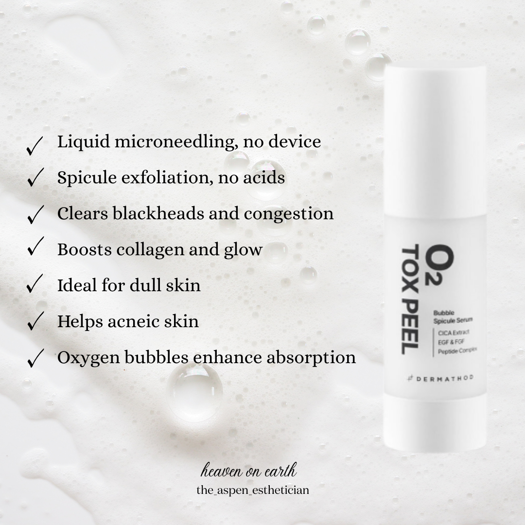 benefits of using the dermathod 02 tox peel: liquid microneedling, no device, spicule exfoliation, clears blackheads and congestion, boosts collagen and glow, ideal for dull, breakout skin, oxygen bubbles enhance absorption.
