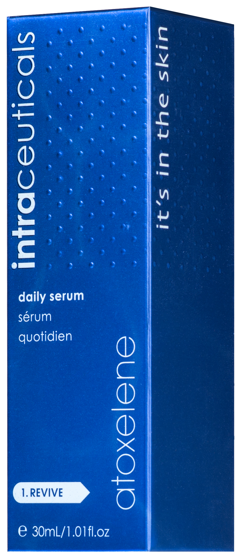 Blue box of atoxelene intraceuticals daily serum with textured surface