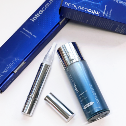 bottles and boxes of Intraceuticals Atoxelene Daily Serum.