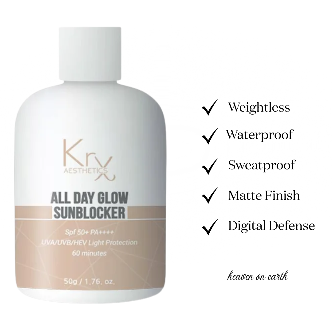 KrX Aesthetics All Day Glow Sunblocker bottle with features listed on a white background