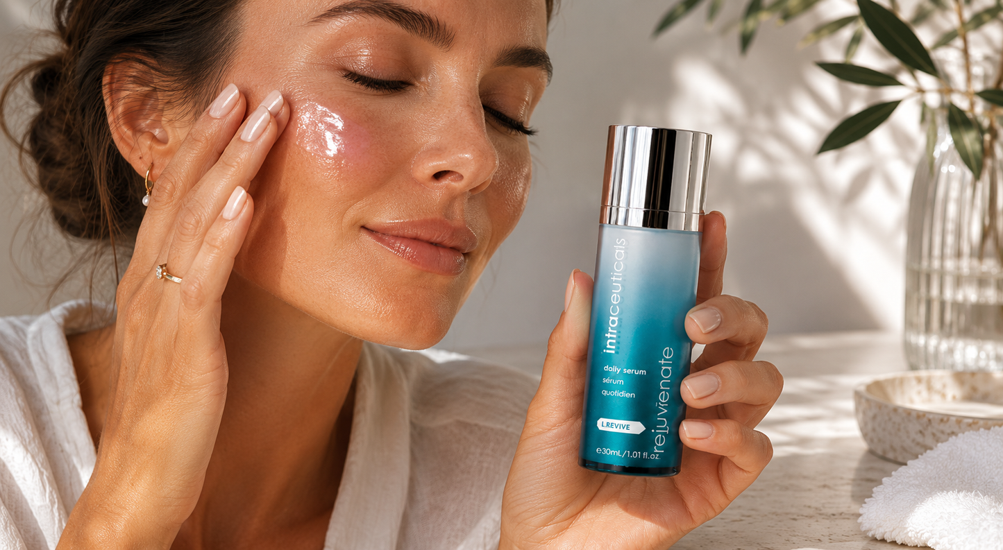 woman holding the intraceuticals rejuvenate daily serum and applying to her cheek with beautiful white background and lighting 
