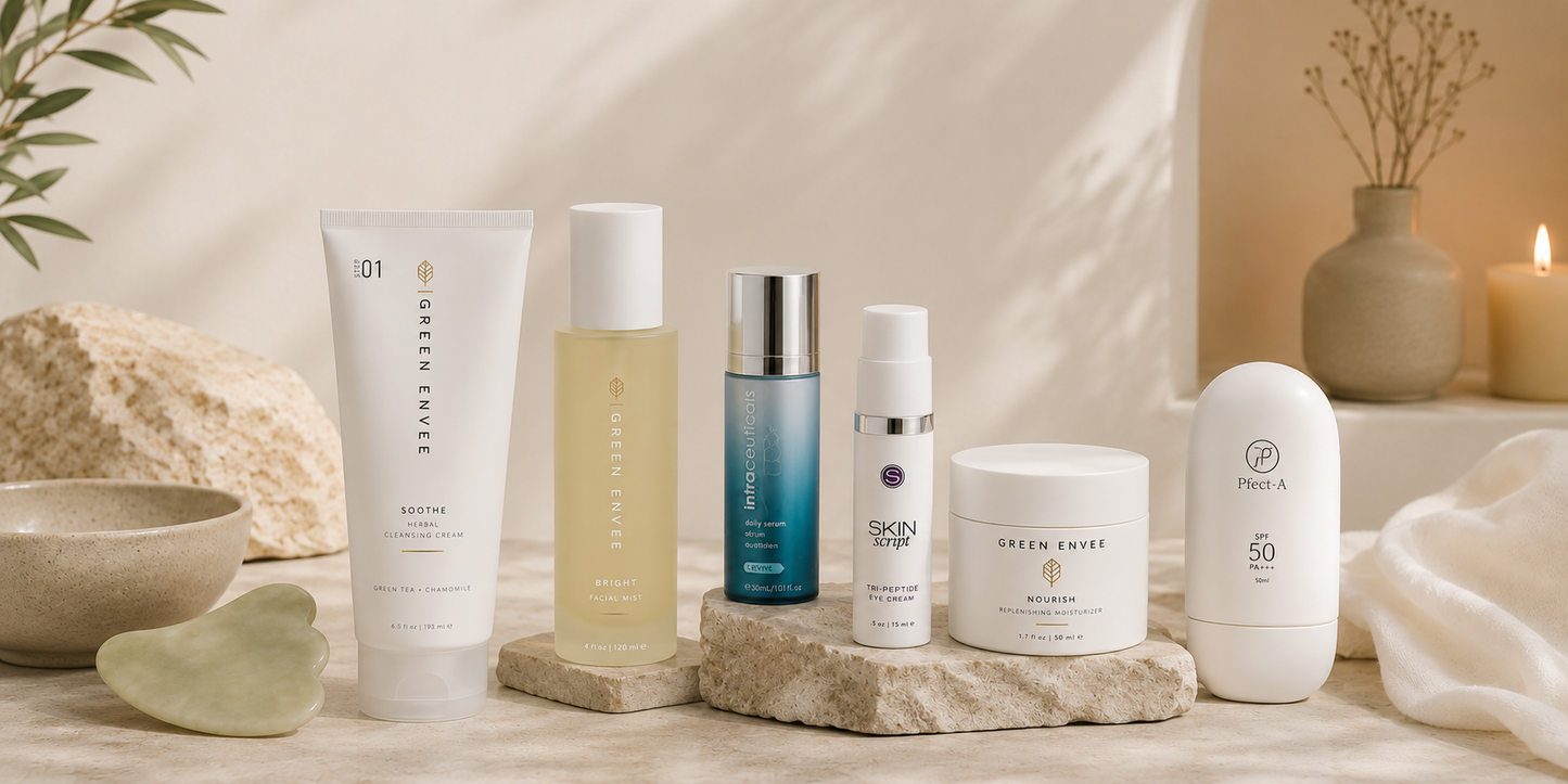 Esthetician-approved skincare layering routine featuring cleanser, toner, serum, eye cream, moisturizer, and SPF products arranged in order of application.
