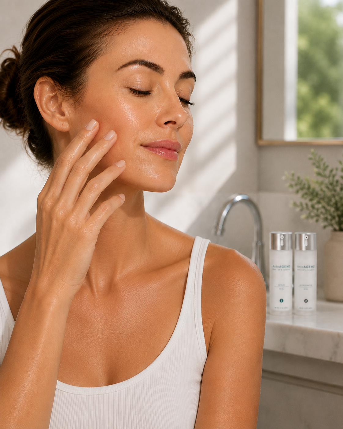 woman in white tank touching Cheek with two bottles of anteage md system on the counter 