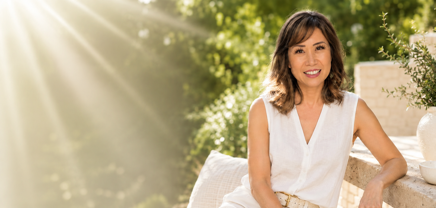 photo of woman sitting on couch outside  with sunbeam directed at he