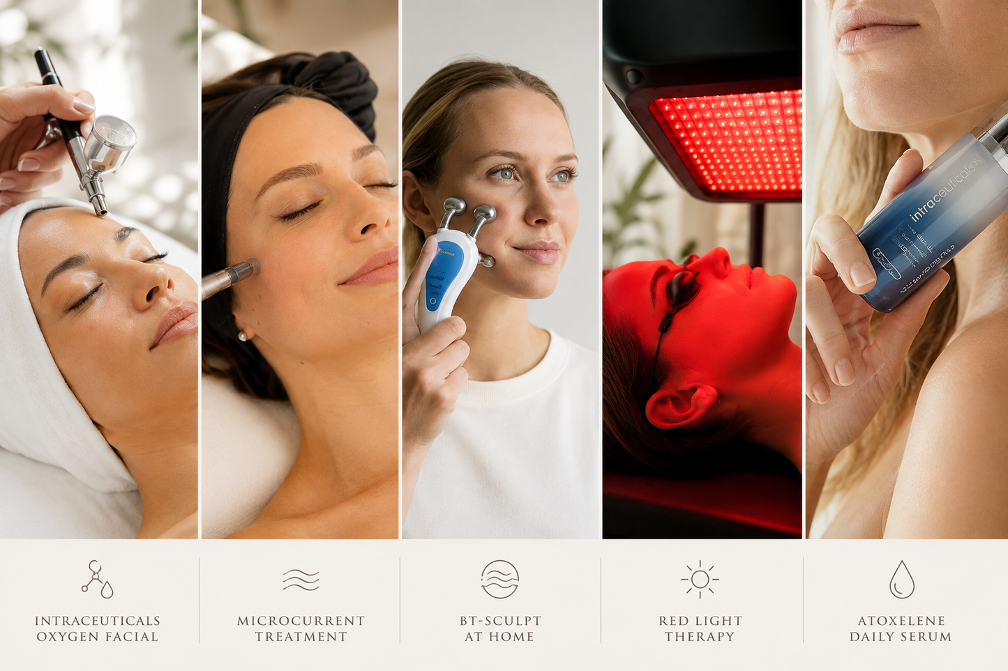 Collage featuring an Intraceuticals Oxygen Facial, microcurrent treatment, bt-sculpt facial toning device, Red Light Therapy, and the Intraceuticals Atoxelene Daily Serum as Botox alternatives in Aspen.