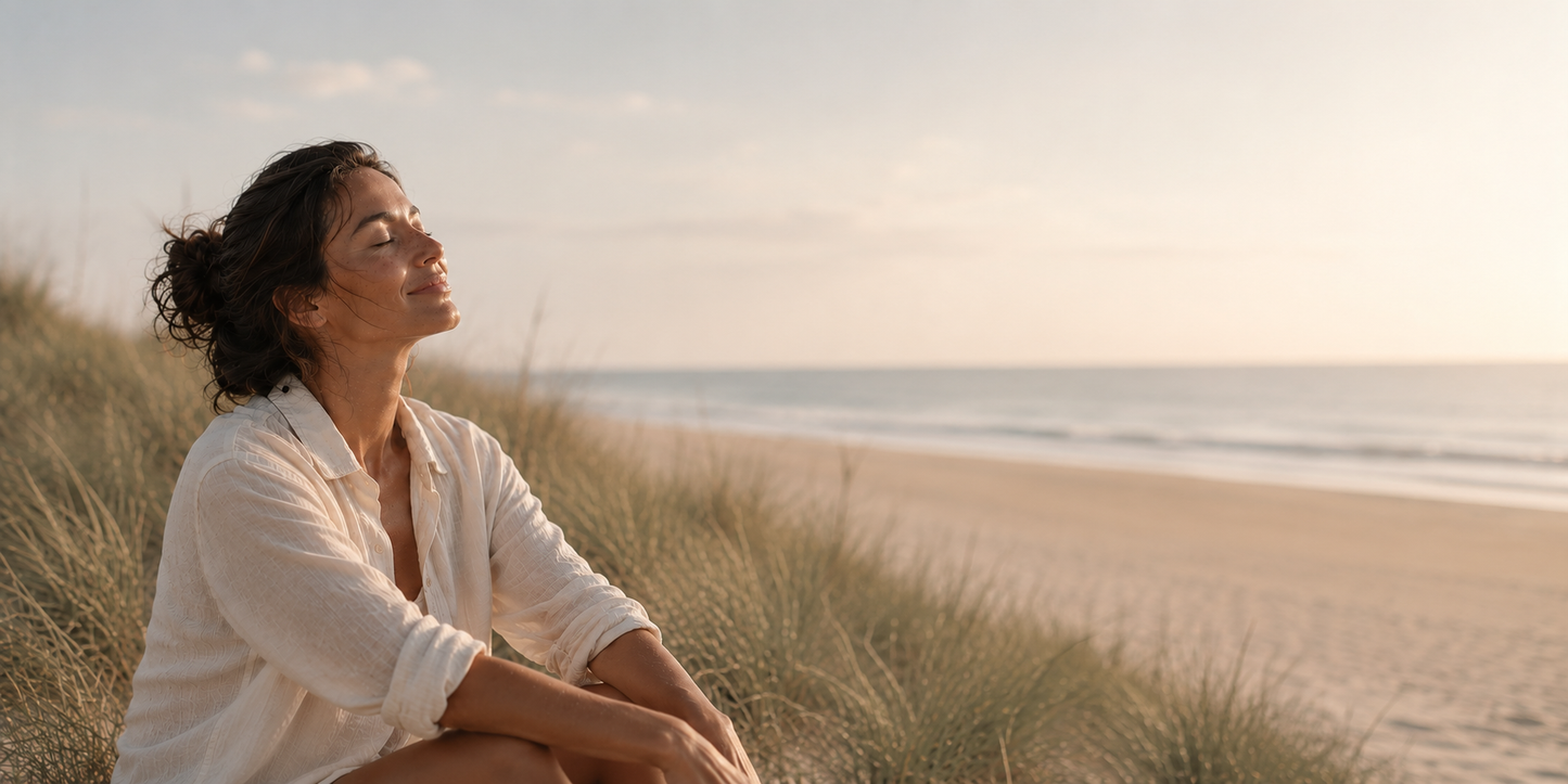 woman sitting on the beach looking up at sun after a long summer 