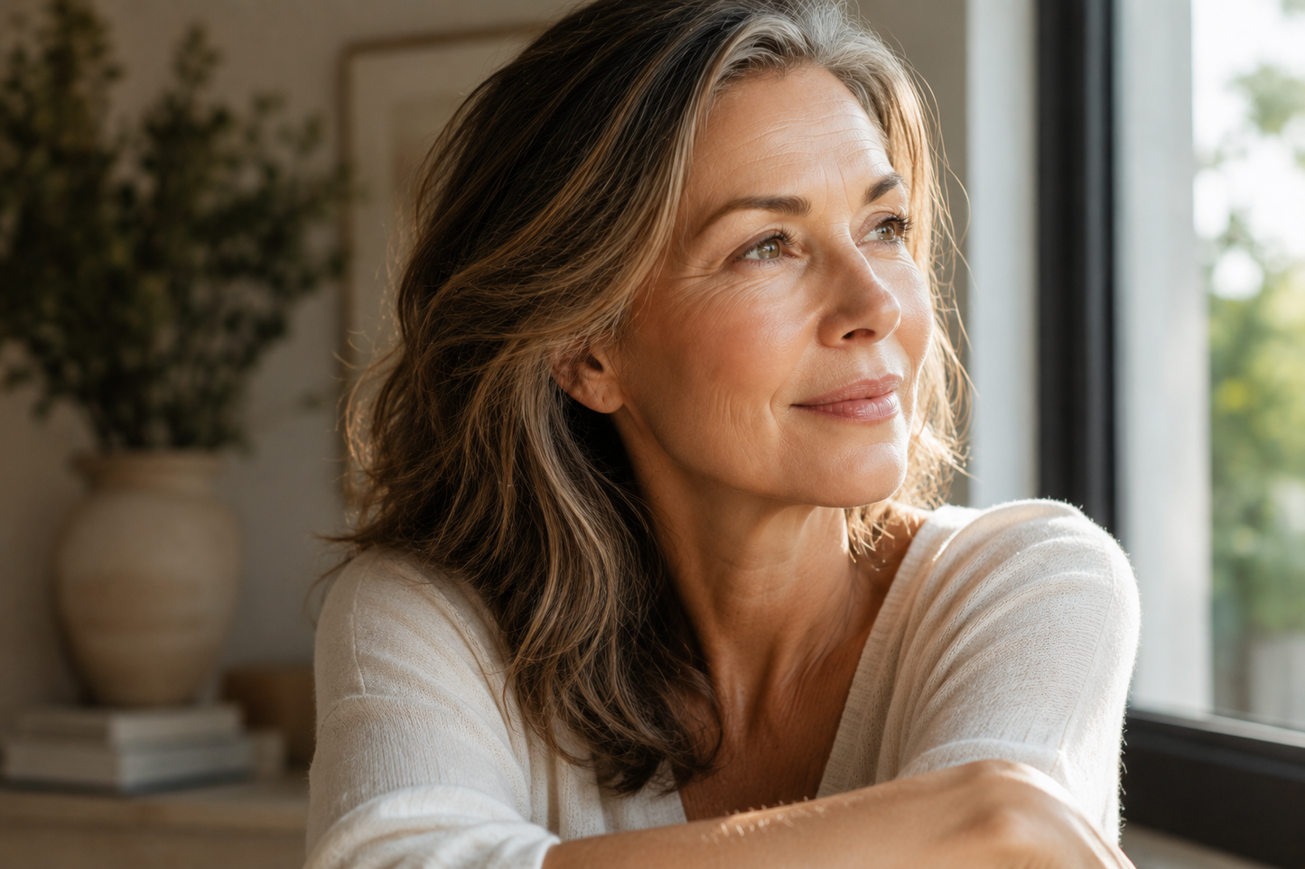 mature woman in natural light with radiant skin 