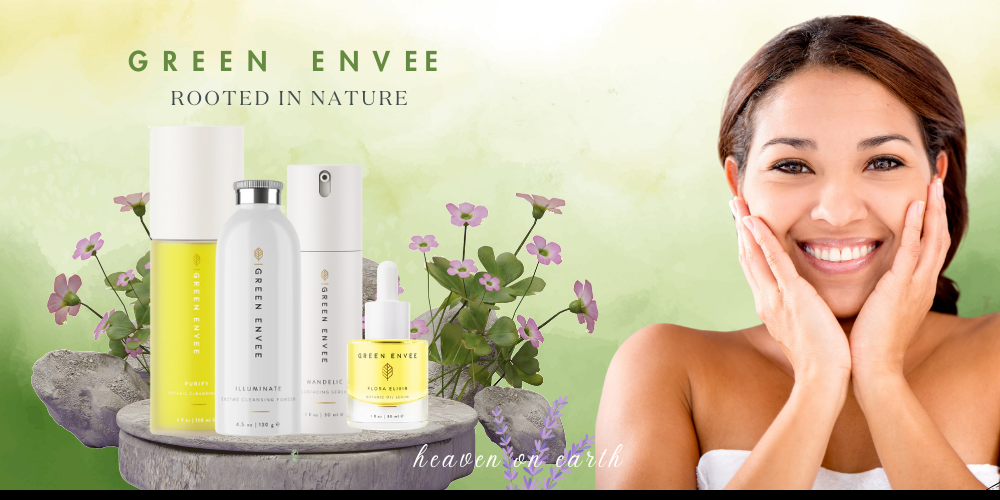 display of green envee skincare with beautiful woman 