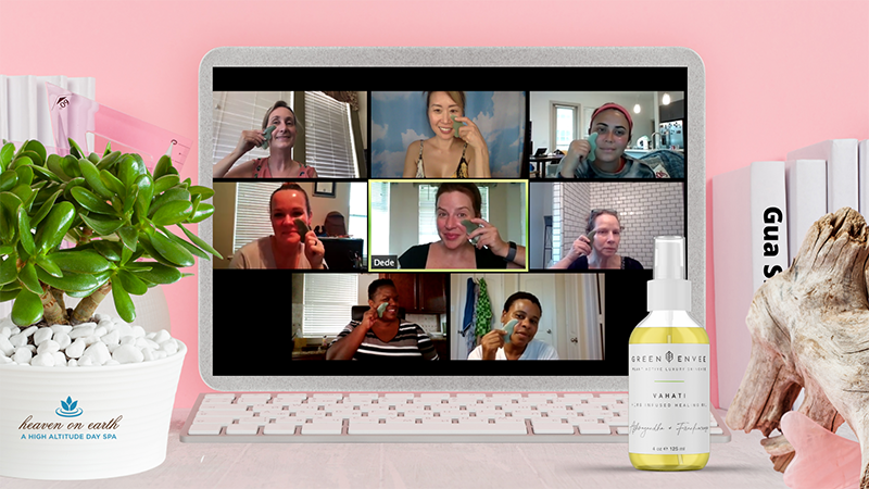 computer showing an online gua sha virtual facial hosted by heaven on earth 