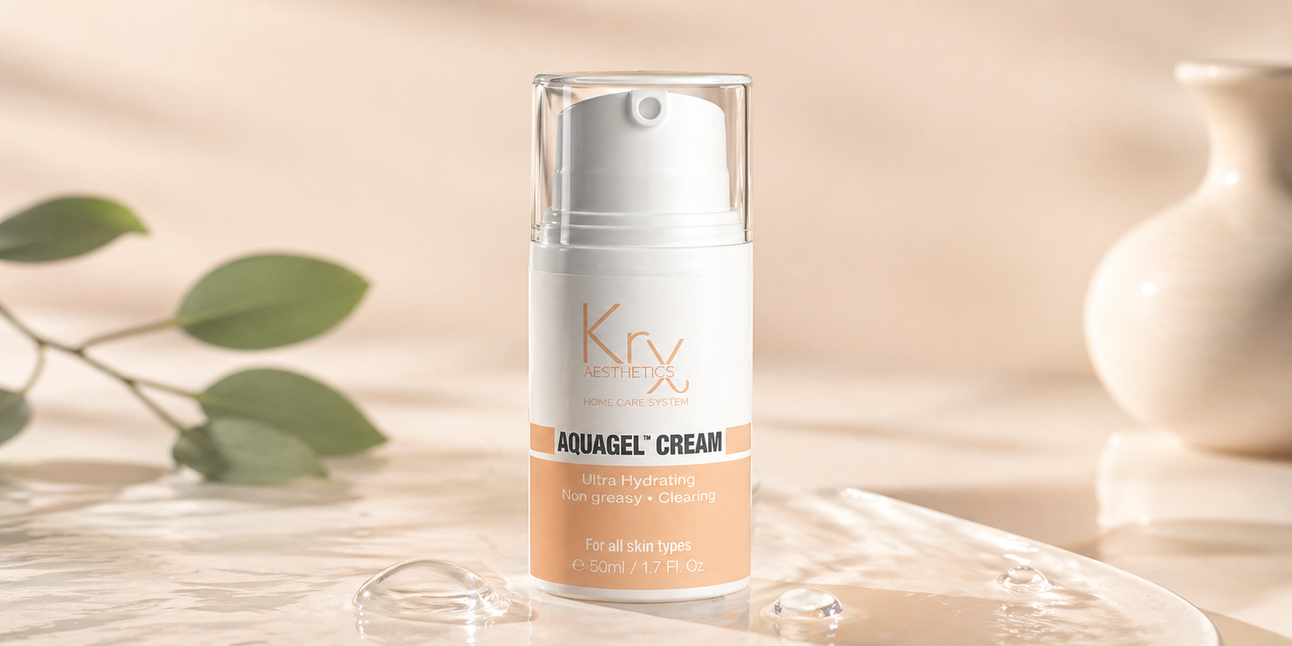 bottle of the krx aquagel cream on a beautiful peach watery background