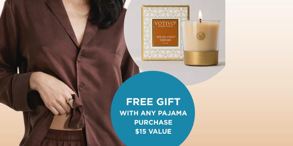 lunya washable silk pajam, votive candle and free gift with purchase
