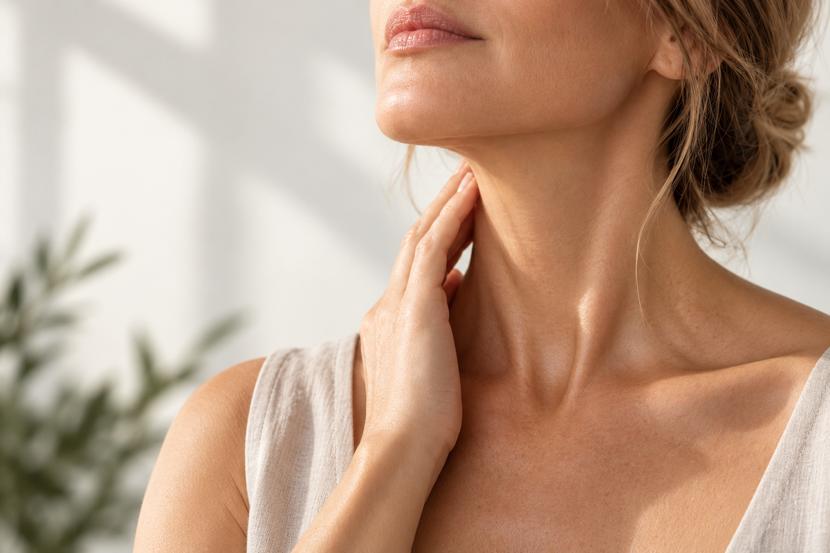 Woman touching her neck illustrating turkey neck and tech neck skincare concerns
