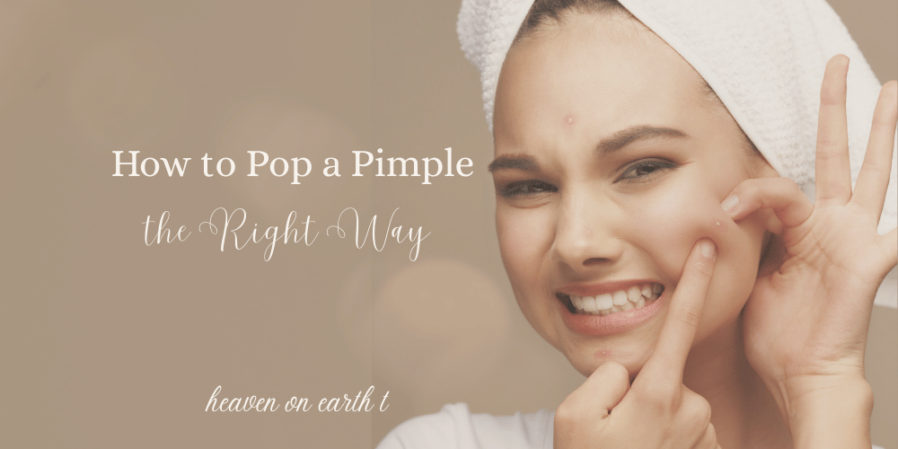 woman popping a pimple on beige background