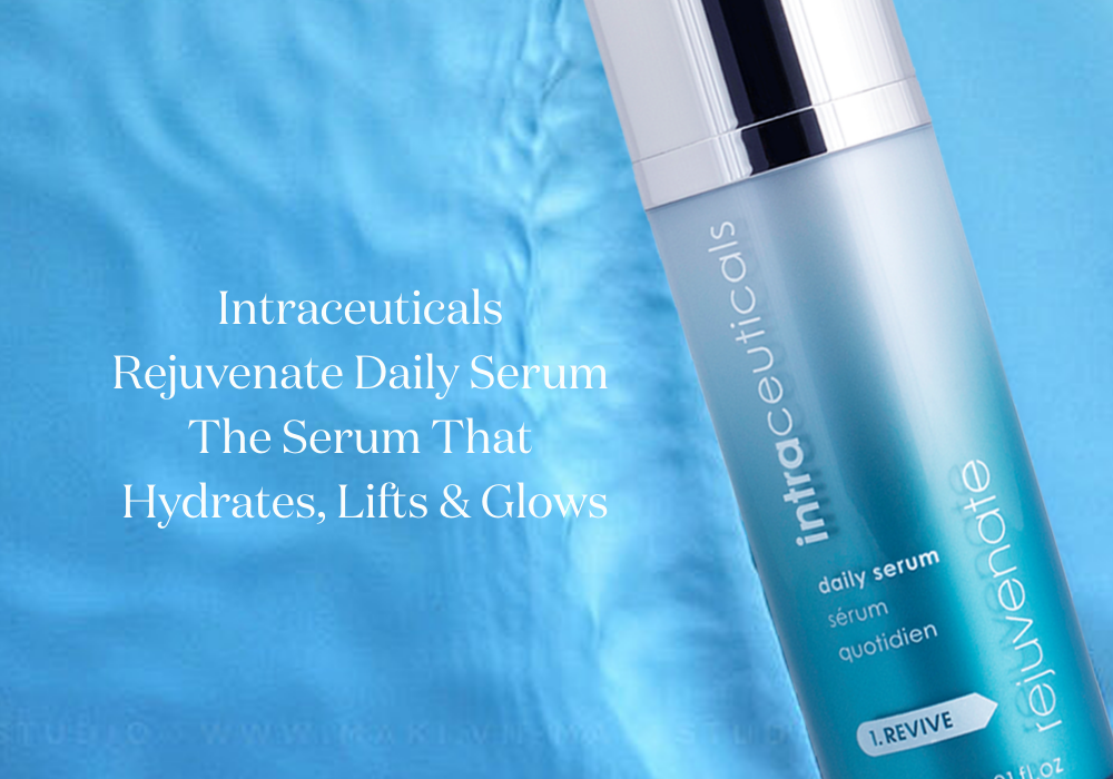 bottle of the intraceuticals rejuvenate daily serum in a water pool 