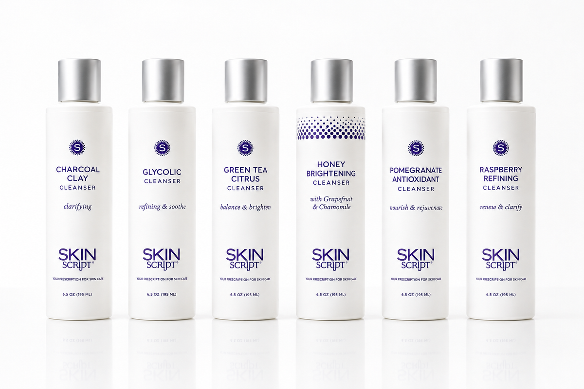 Six Skin Script facial cleansers for different skin types and concerns, including acne, dryness, dullness, hyperpigmentation, and clogged pores.