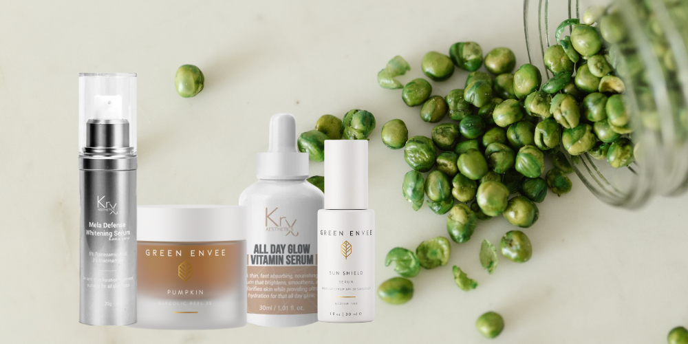 image of krx mela defense whitening serum, green envee pumpkin glycolic masque, krx all day glow vitamin serum and the green envee spf 50 booster with a jar of spilled peas for the blog what to do for sun damage skin