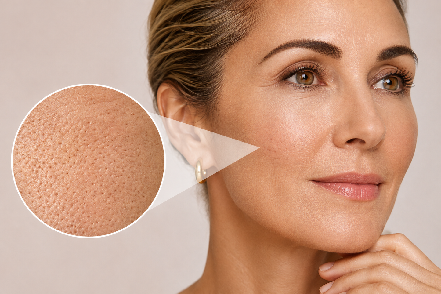 woman with visible pores on cheek close up 