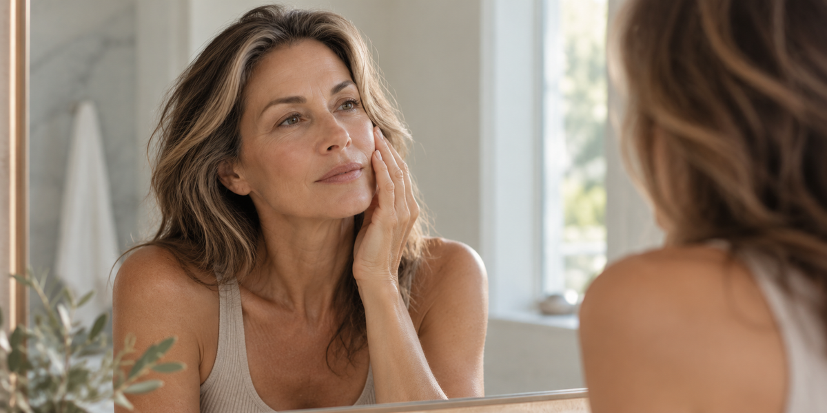 Woman in her 50s looking at her skin in the mirror