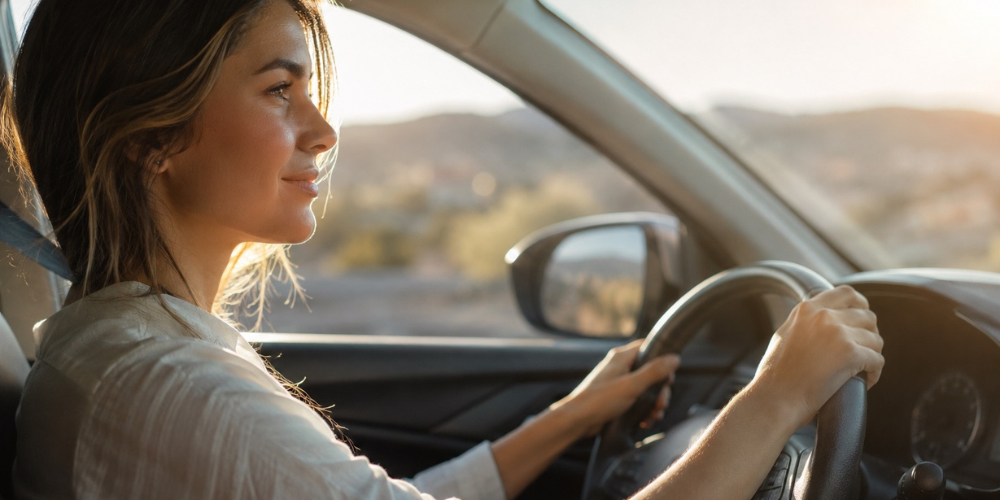 woman driving at golden hour 