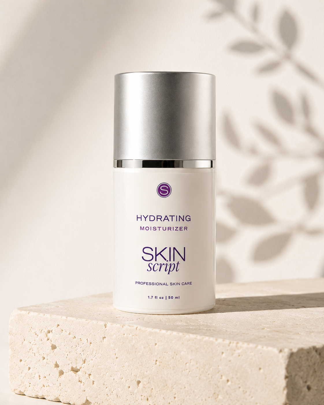 Skincare bottle labeled 'Skin Script Hydrating Moisturizer'  on a neutral background