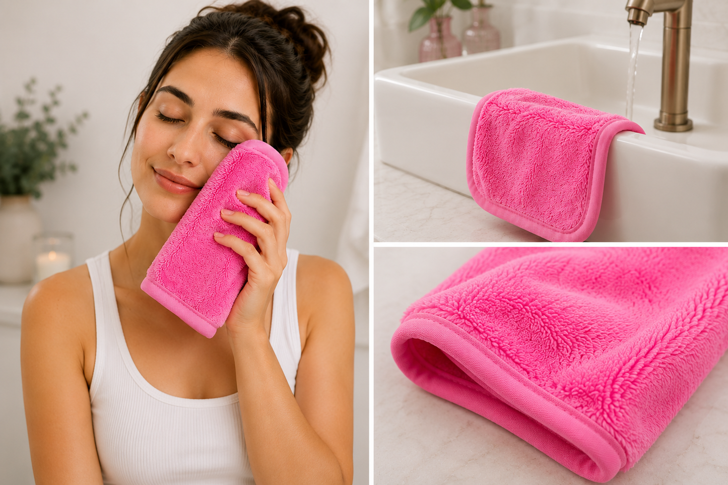 woman holding the original makeup remover original pink,, cloth on sink and close up of fibers
