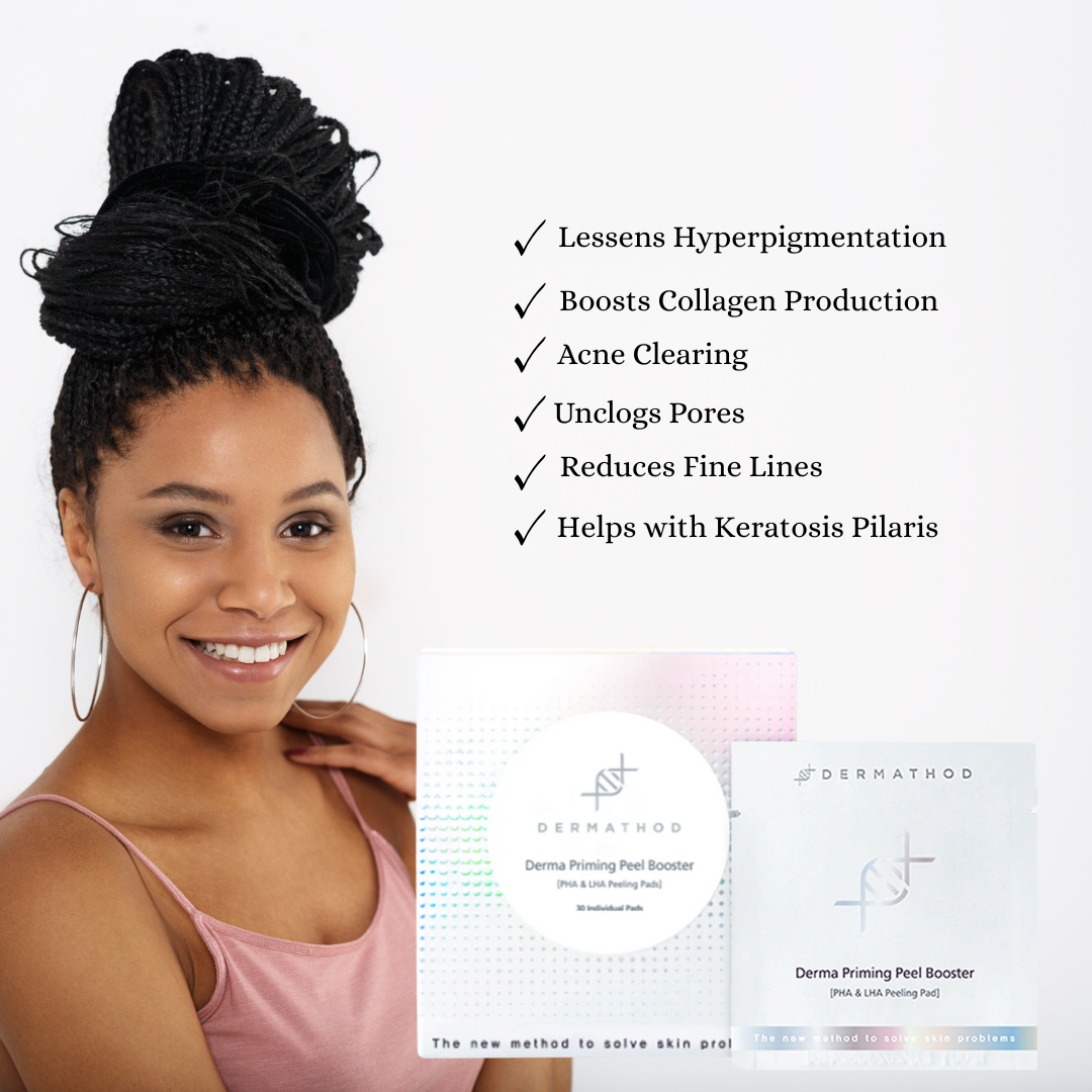 beautiful woman of color with the benefits of the dermathod priming peel booster pads: lessens hyperpigmentation, boosts collagen production, acne clearing, unclogs pores, reduces fine lines and helps with keratosis pilaris. Sold online at the heaven on earth spa.