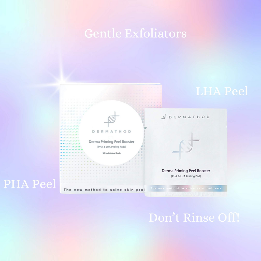 the dermathod peel pad box and Indvidual pad that describes what it does: gentle exfoliator, lha peel, pha peel and don&