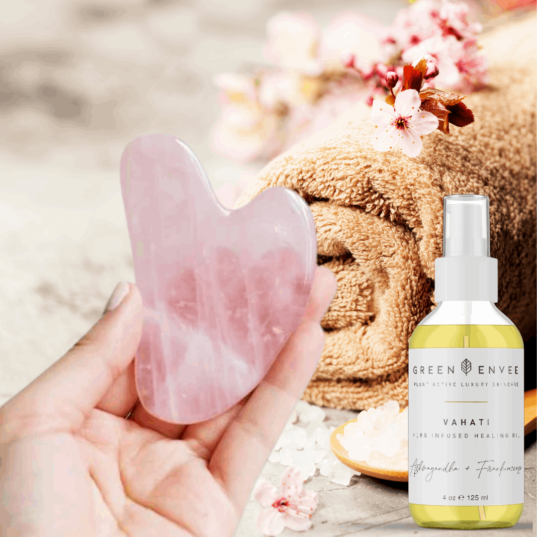 Gua Sha Set Rose Quartz Stone and Vahati Healing Oil