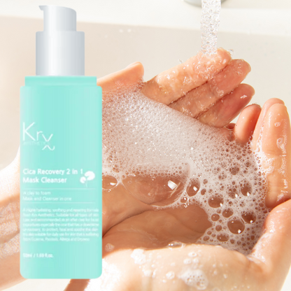 hands with foaming cleanser and the krx aesthetics cica recovery cleanser bottle in front. 