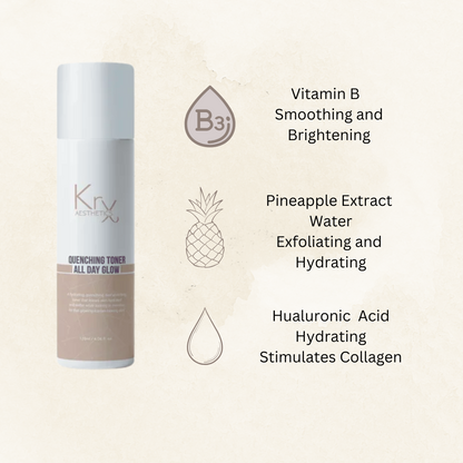 image of the krx all day glow toner high lighting 3 ingredinets: vitamin b3, pineapple water and hyaluronic acid sold online at heaven on earth aspen 