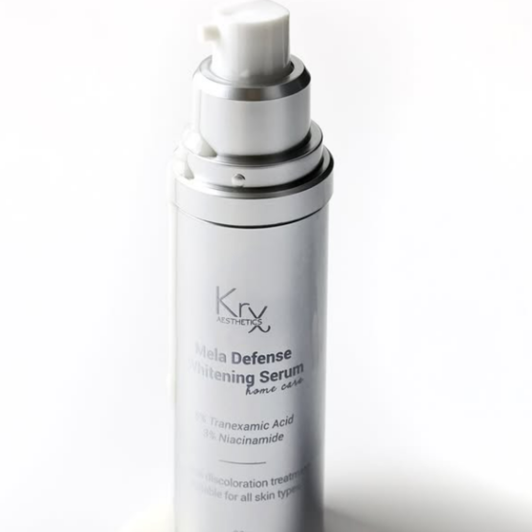 bottle of the KrX Mela Defense Whitening Serum with serum dripping off its spout sold at heaven on earth aspen