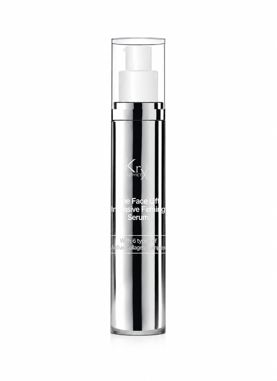  the KrX The Face Lift Intensive Firming Serum on a white background in a silver bottle and clear cap
