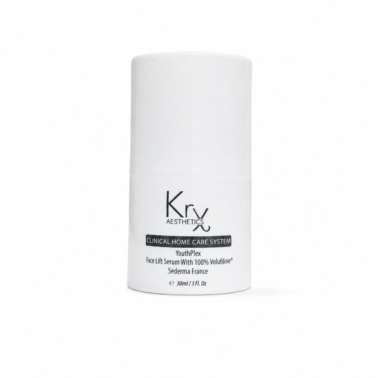 A white cylindrical cosmetic bottle with a ribbed screw-on cap, featuring the Krx Aesthetics logo and 'YouthPlex' face lift serum 
