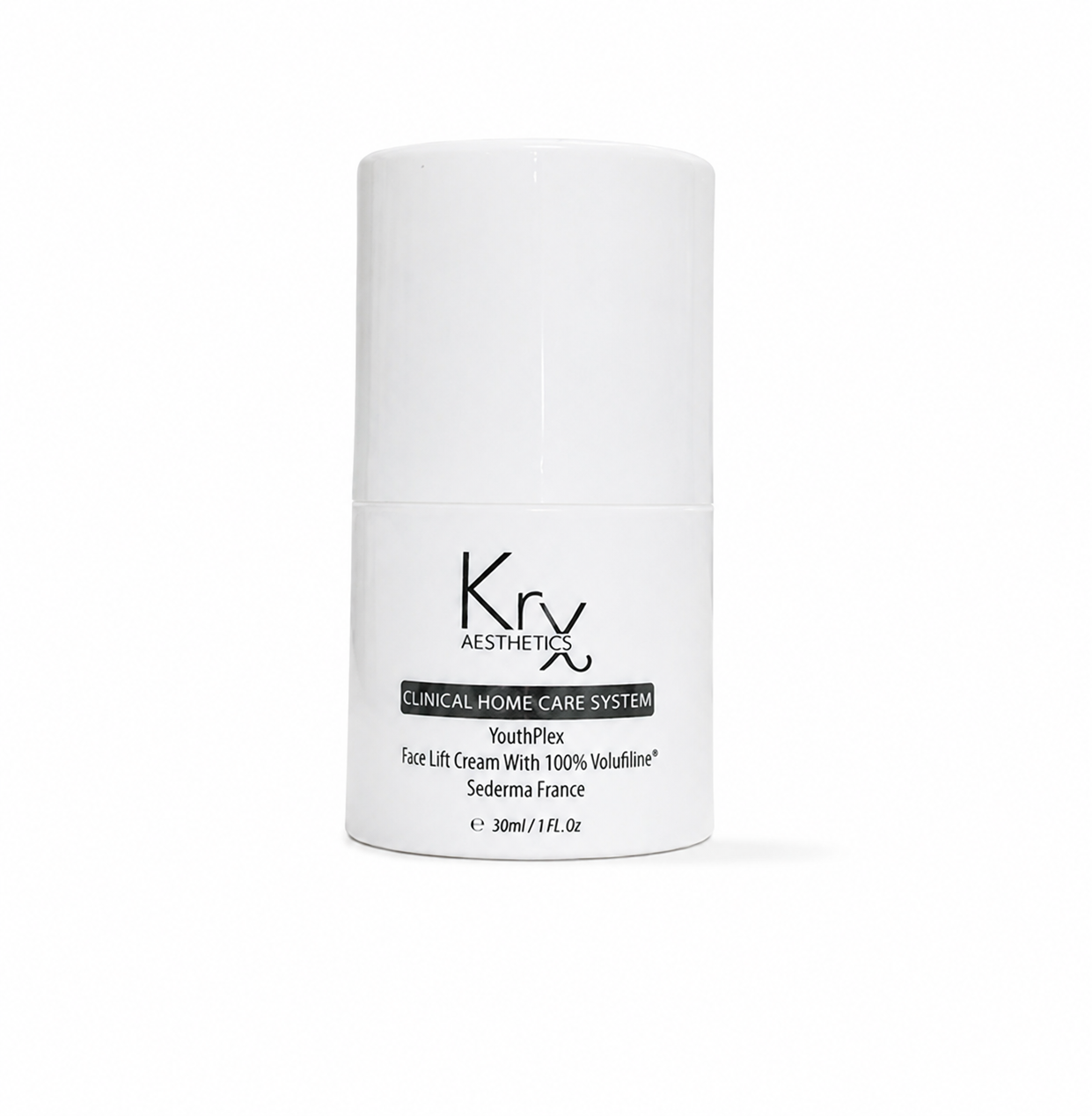 A white bottle that says ' KrX Youthplex Face Lift Cream'  on a clean white background.