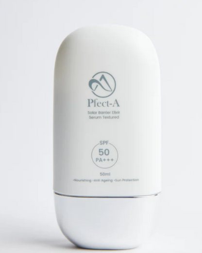 P-Fect A Solar Barrier Elixir SPF 50 sunscreen providing strong sun protection against harmful UV rays for all skin types.