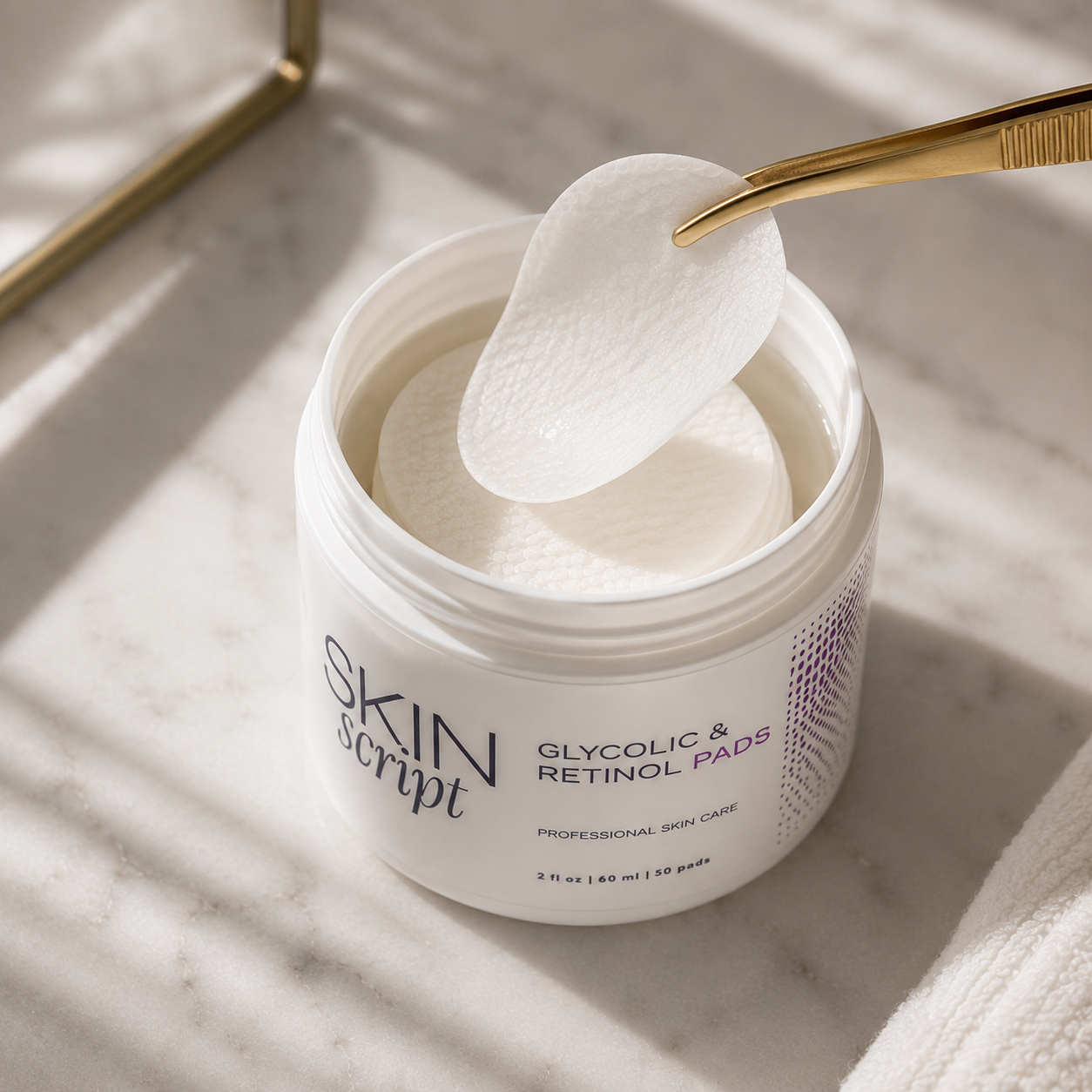 Jar of Skin Script Glycolic & Retinol Pads with a spoonful of pads on a marble surface.