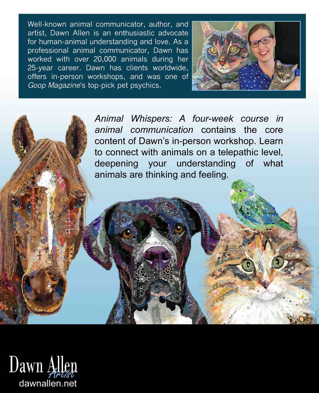 back cover of Animal Whispers: A Four-Week Course in Animal Communication. has a hosrse, dog, cat and bird on it. 