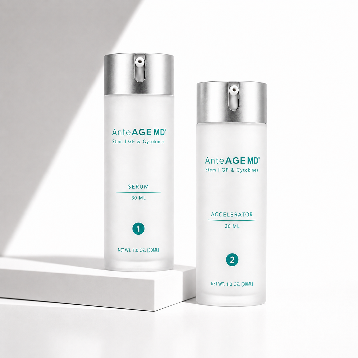 Two white skincare bottles with silver caps from AnteAGE MD, labeled Serum and Accelerator, standing on a white platform against a white background with diagonal shadows.