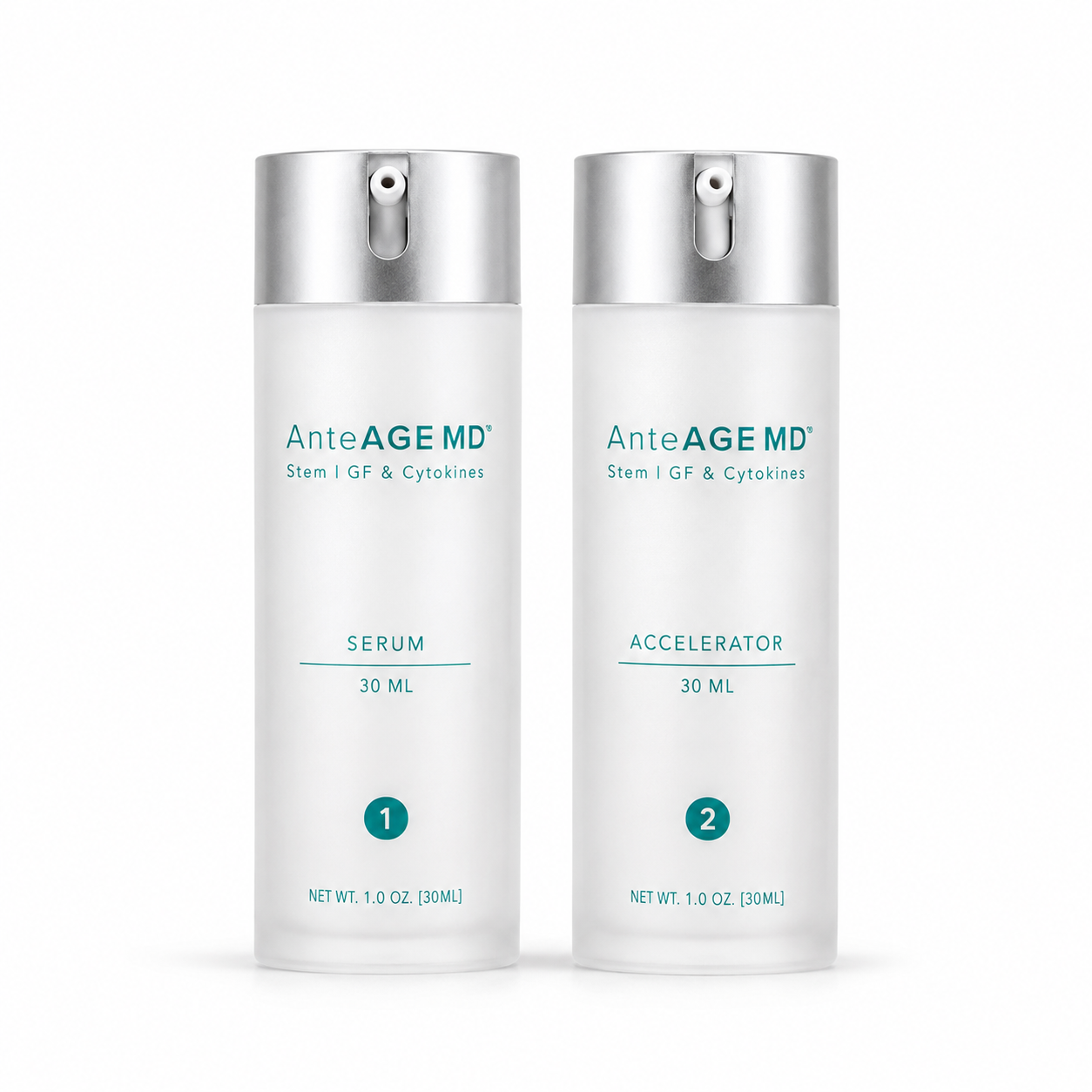 Two white skincare bottles with silver caps from AnteAGE MD, labeled 'SERUM' and 'ACCELERATOR', on a clean white background.