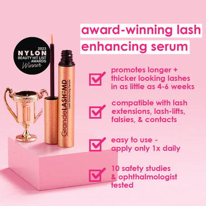 grandelash md promotes longer, thicker lashes in 4 -6 weeks. You can use it with lash extensions, lash-lifts and falsies and contacts. You only need to use once a day, and it&