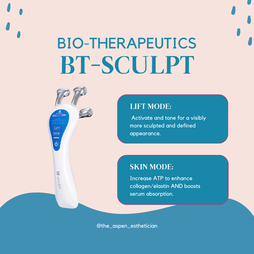image of the  bt sculpt sold at heaven on earth aspen! describing its two modes: &quot;lift&quot; to activate and tone for a sculpted appearance and &quot;skin&quot; to increase atp and boost collagen and elastin and increase serum absorption