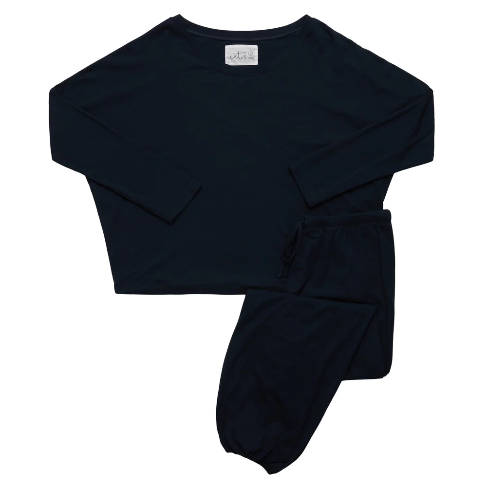 the cats pajamas classic pima knit pull over 2 piece set in navy at heaven on earth