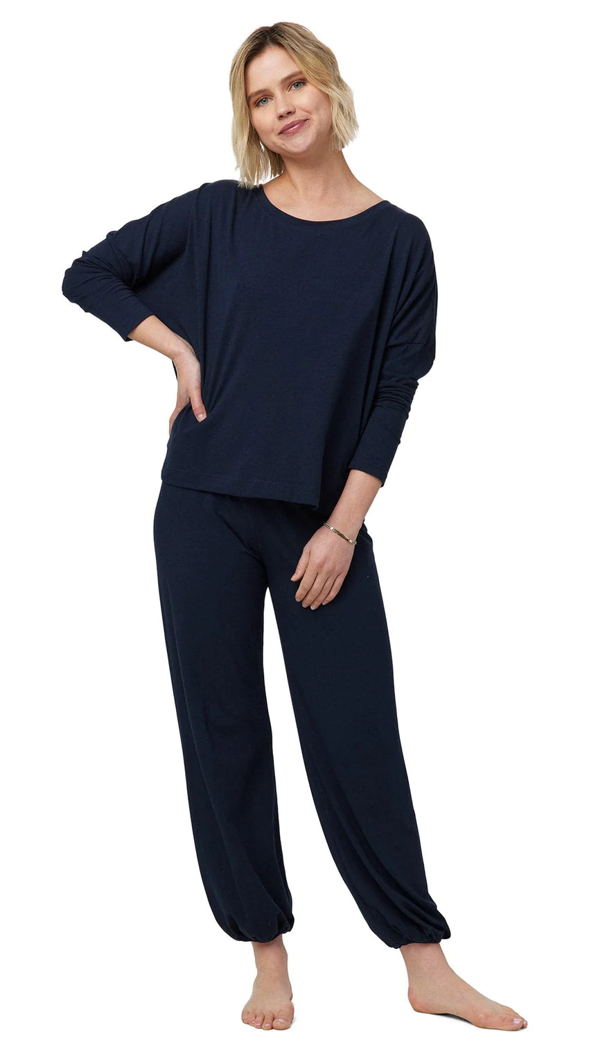 the cats pajamas classic pima knit pull over set in navy at heaven on earth