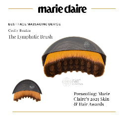 Cecily Braden Large and Small Lymphatic brush with text about Marie Claire's 2025 Skin & Hair Awards on a white background available at heaven on earth aspen