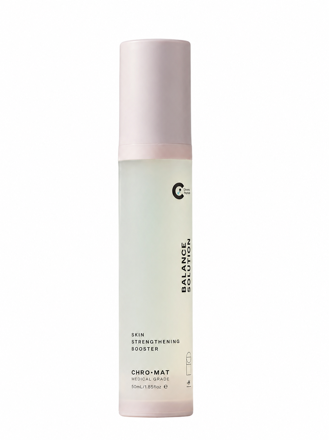 A 50ml bottle of CHRO-MAT Balance Balance Solution, featuring a frosted pale green body and a soft pink cap, on a solid white background.