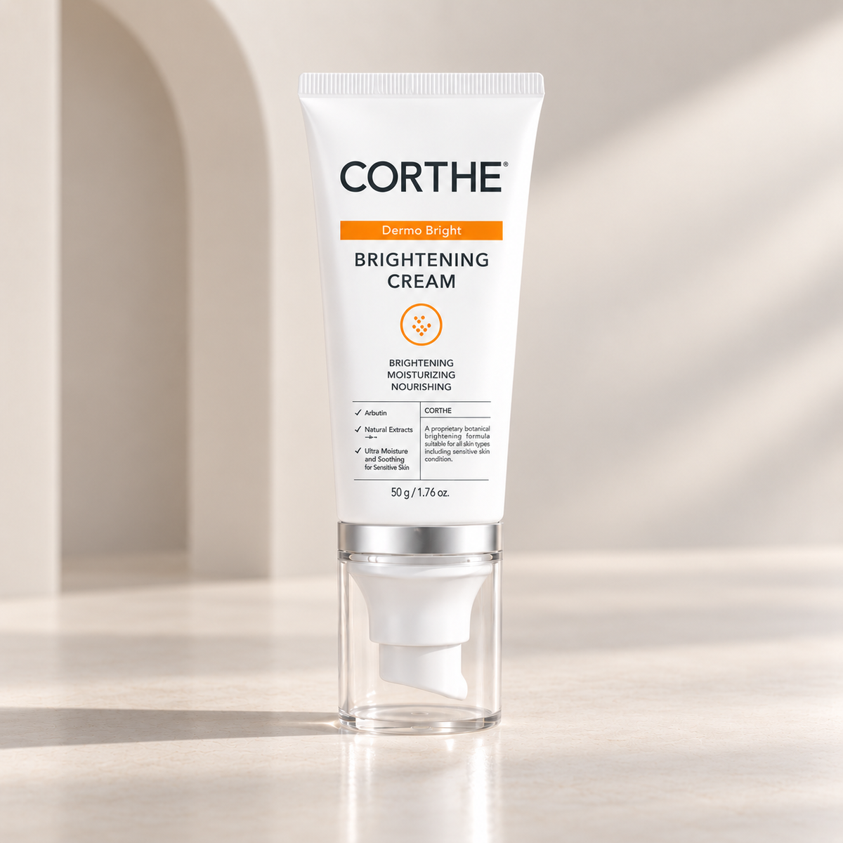 CORTHE Dermo Brightening Cream in a white squeeze tube with a clear glass base, standing on a light marble surface with soft architectural shadows.