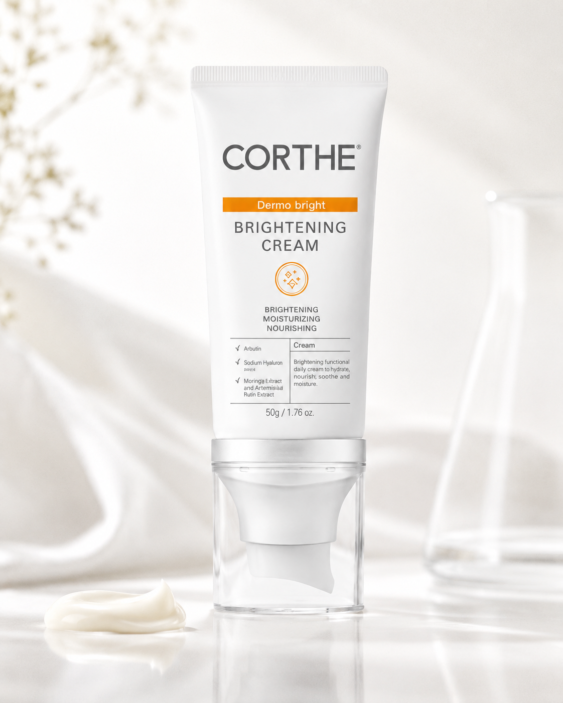 Corthe brightening cream tube on a white background